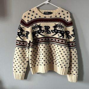 POLO Ralph Lauren Lambs Wool Hand Knit Men Cream Nordic Deer Sweater
